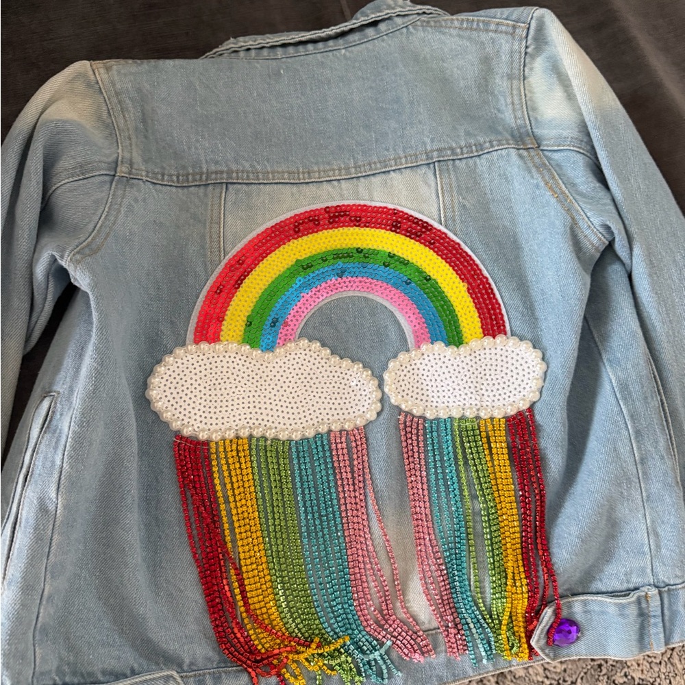 Lola and the Boys Rainbow Sequin Denim Jacket - Light Blue